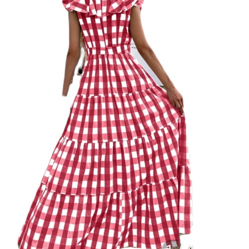 VTG Cottagecore Red Ruffled Gingham Plaid Maxi Dress Size S - Picture 2 of 11